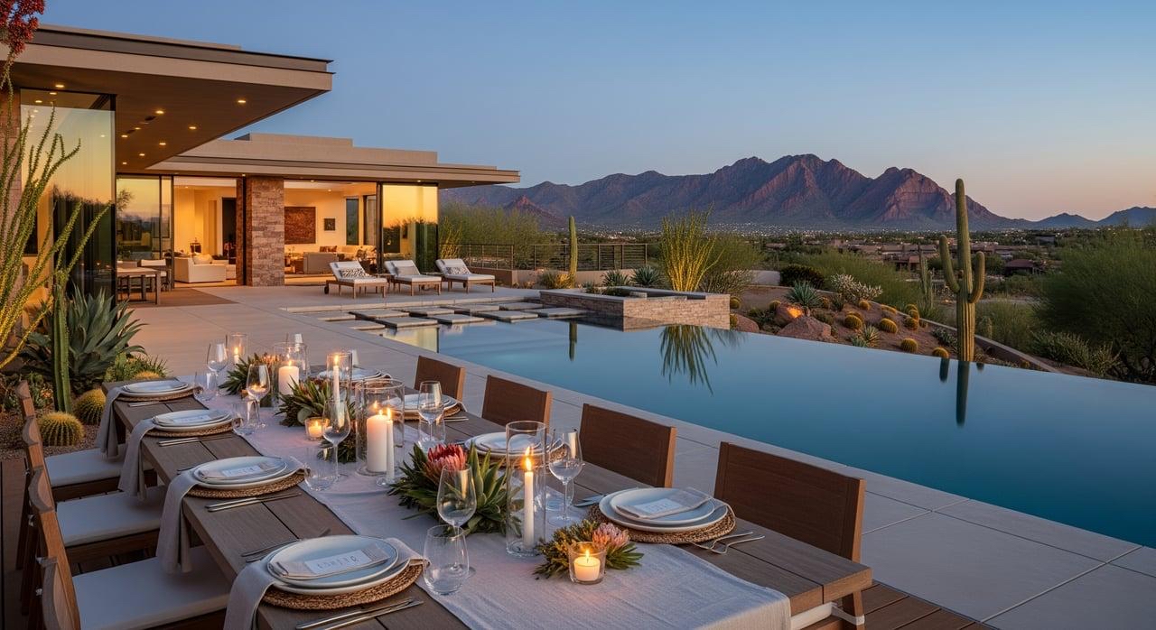 Elegant outdoor dining beside a luxury estate infinity pool at sunset with desert mountain views