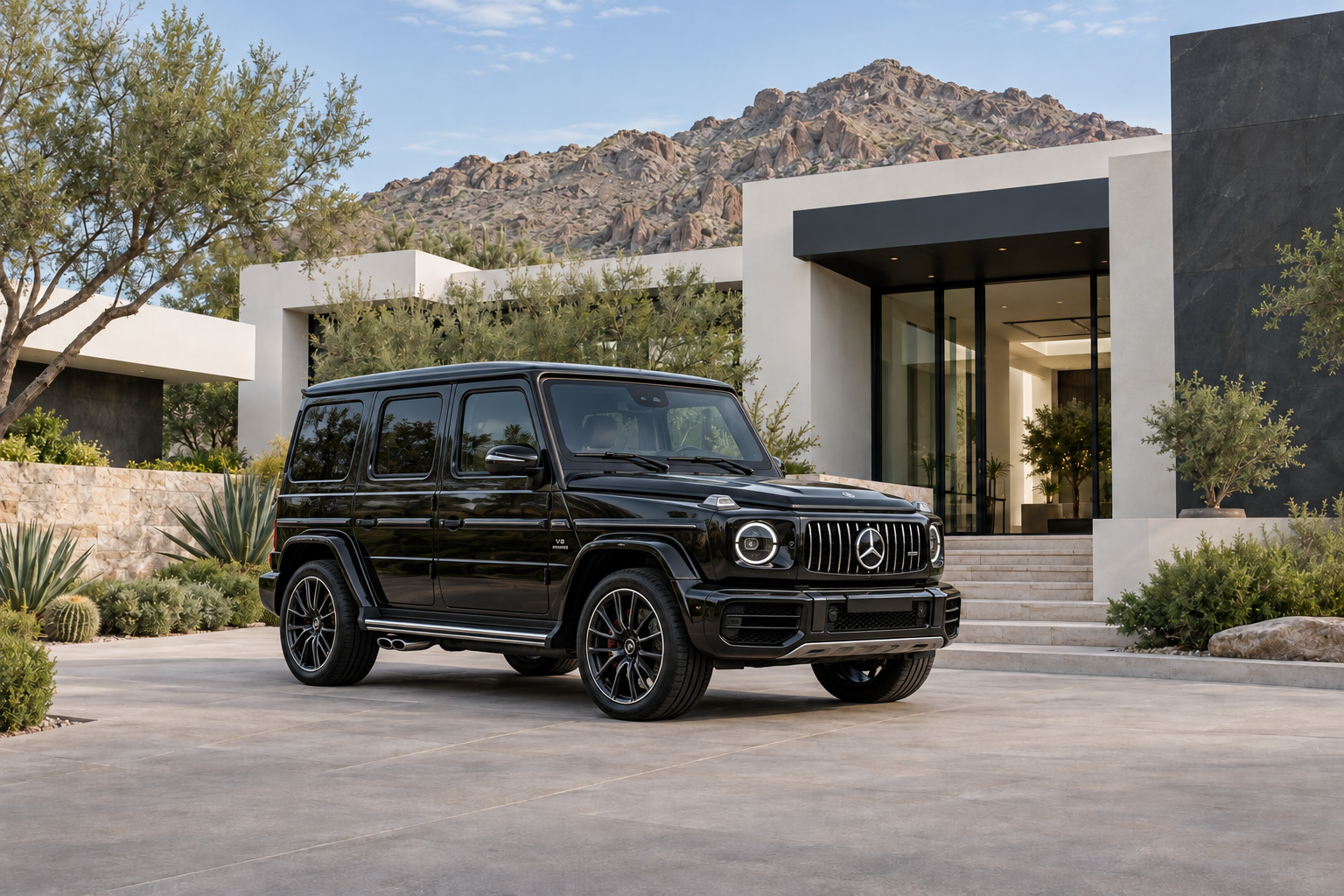 Black Mercedes-Benz G-Wagon outside a modern luxury residence with desert landscaping